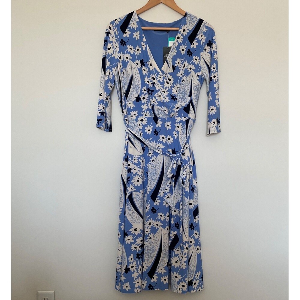 Lauren Ralph Lauren Carlyna Blue Floral Surplice A-Line Midi Jersey Dress Sz 12